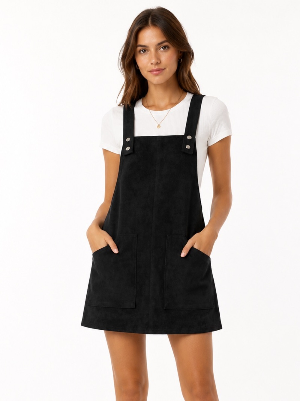 Black Pinafore Overall Suede Dress